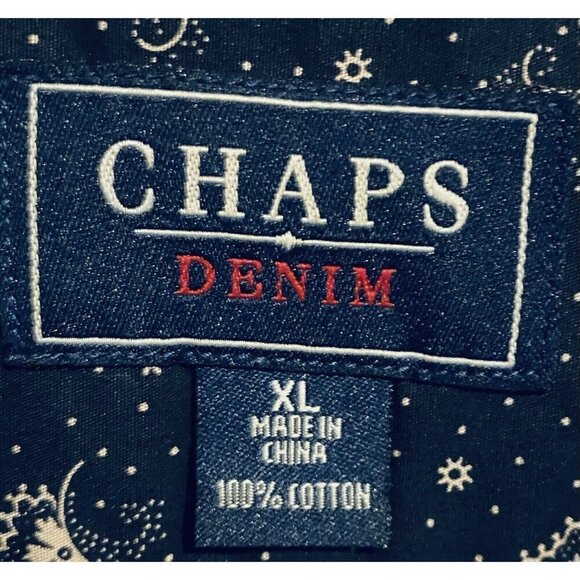 Chaps Denim Top Womens XL Navy Blue Floral Ruffle Trim Long Sleeve Button Up - Picture 5 of 7